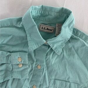 L.L. Bean Women’s Petite Small Long Sleeve Button Down Teal Gingham 100% Cotton
